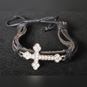 Rhinestone Cross Leather Cord Bracelet - Black